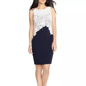 Ralph Lauren Lace Bodice Knee Length Dress - Navy Blue & White - Size 10